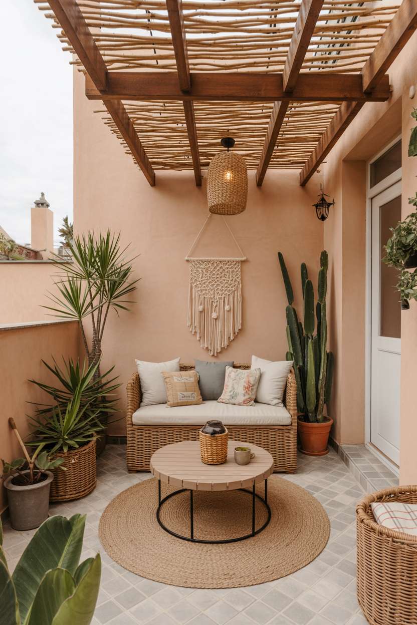 Mediterranean-style enclosed patio with wooden pergola, wicker loveseat, and tropical plants