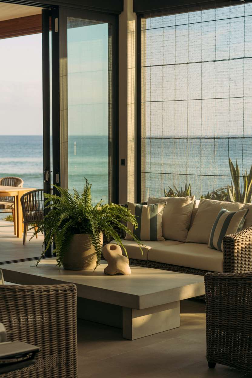 Modern screened patio with wicker furniture, concrete coffee table, and ocean views
