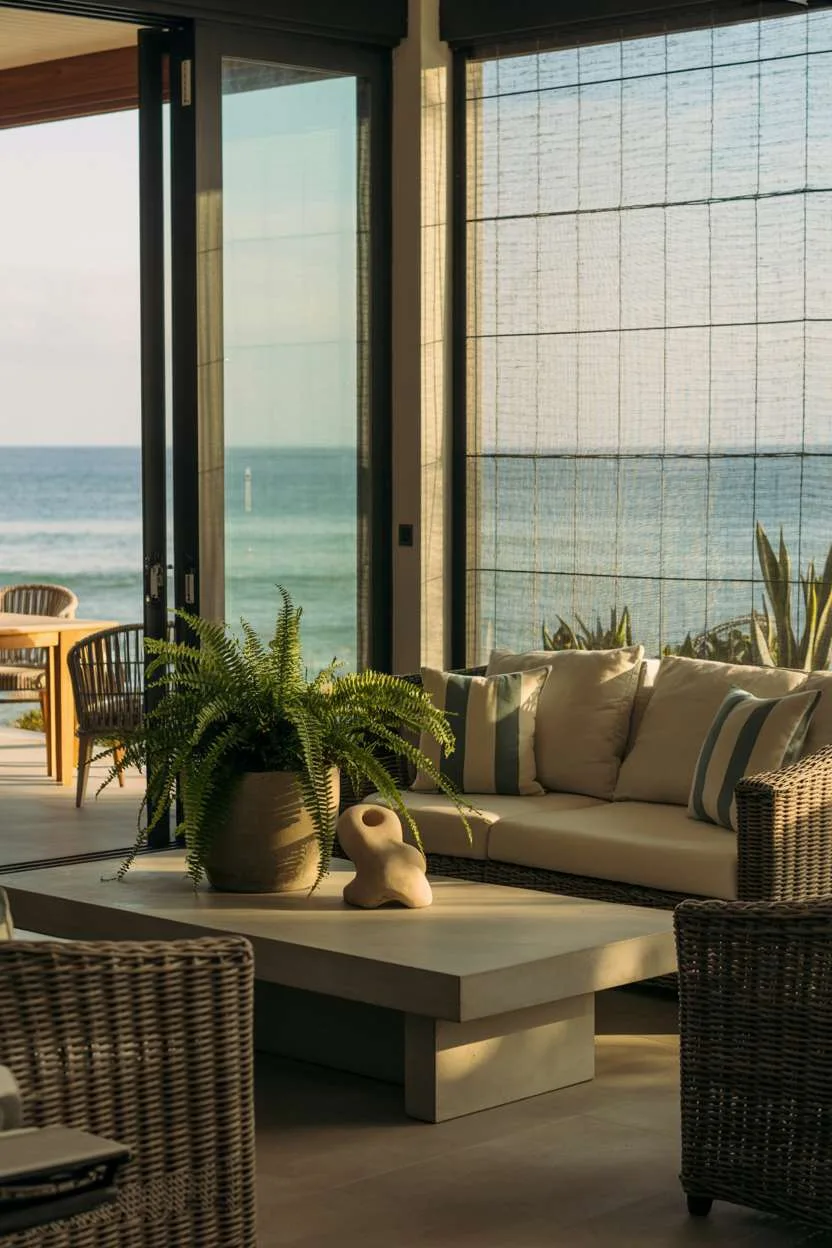 27 Inspiring Enclosed Patio Ideas for Year-Round Use 13 Modern screened patio with wicker furniture, concrete coffee table, and ocean views