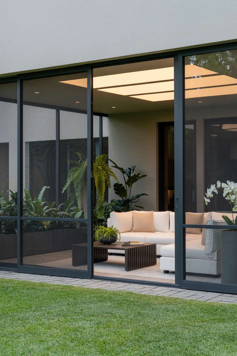 Modern screened patio with dark aluminum framing, white sectional sofa, and recessed lighting