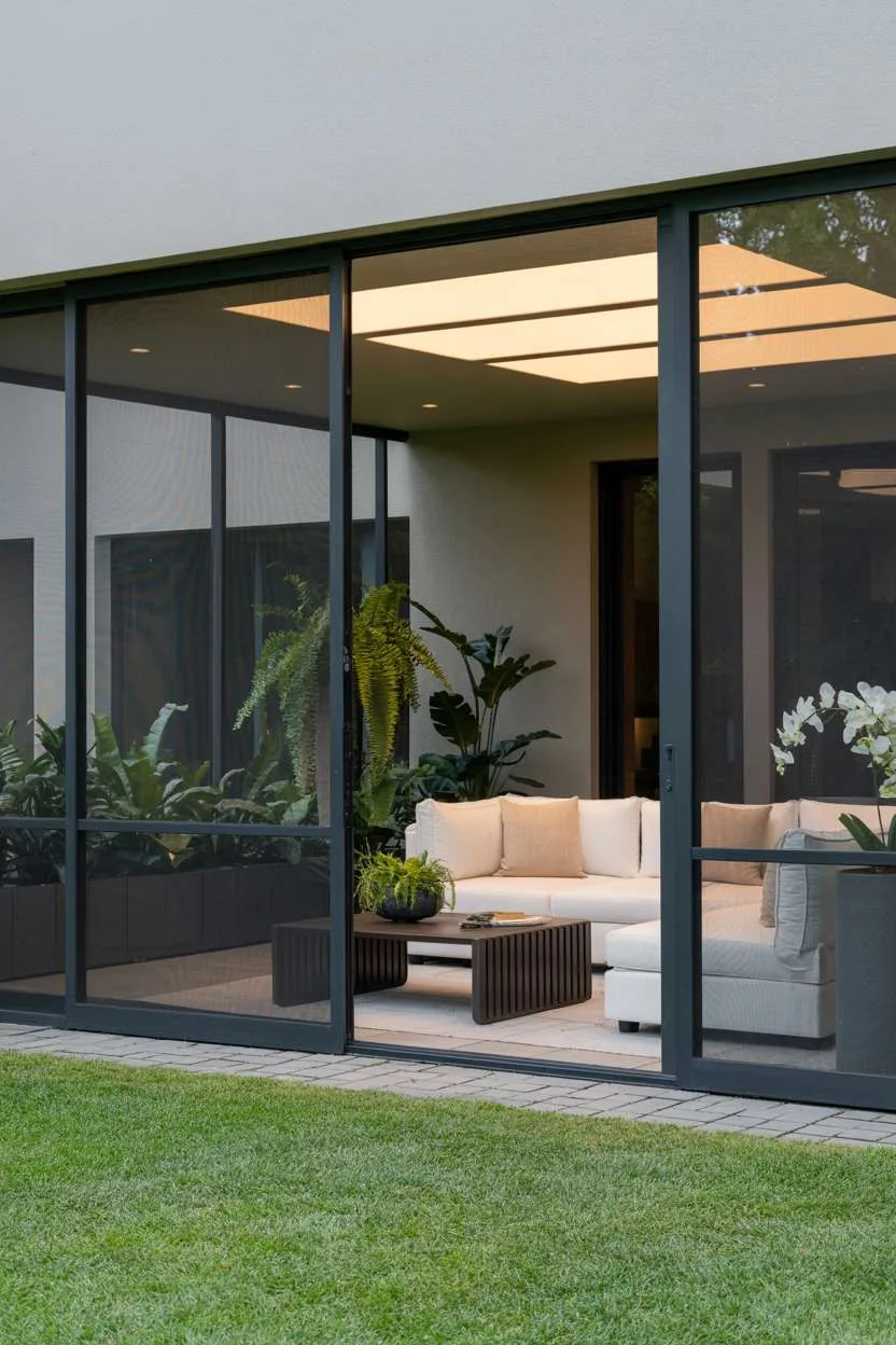 27 Inspiring Enclosed Patio Ideas for Year-Round Use 14 Modern screened patio with dark aluminum framing, white sectional sofa, and recessed lighting