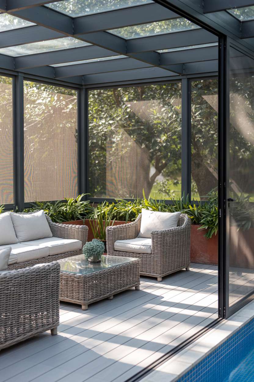 Modern screened patio with wicker furniture, glass-top table, and swimming pool views