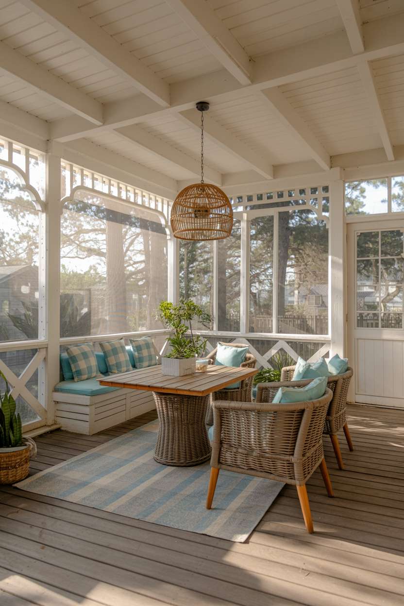 Screened porch with white beams, turquoise checkered cushions, and rattan pendant light