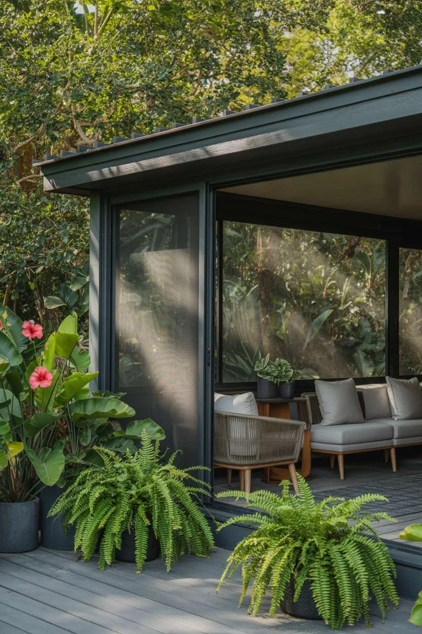 27 Inspiring Enclosed Patio Ideas for Year-Round Use 17 Modern screened patio with dark composite decking, rattan chairs, and tropical plants