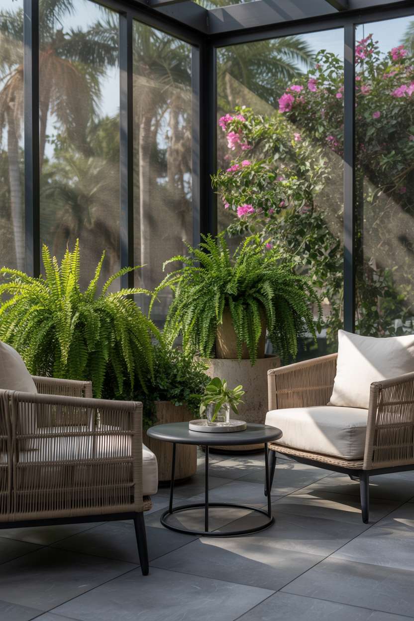 Modern screened patio with dark tiled floor, cream rattan furniture, and flowering bougainvillea