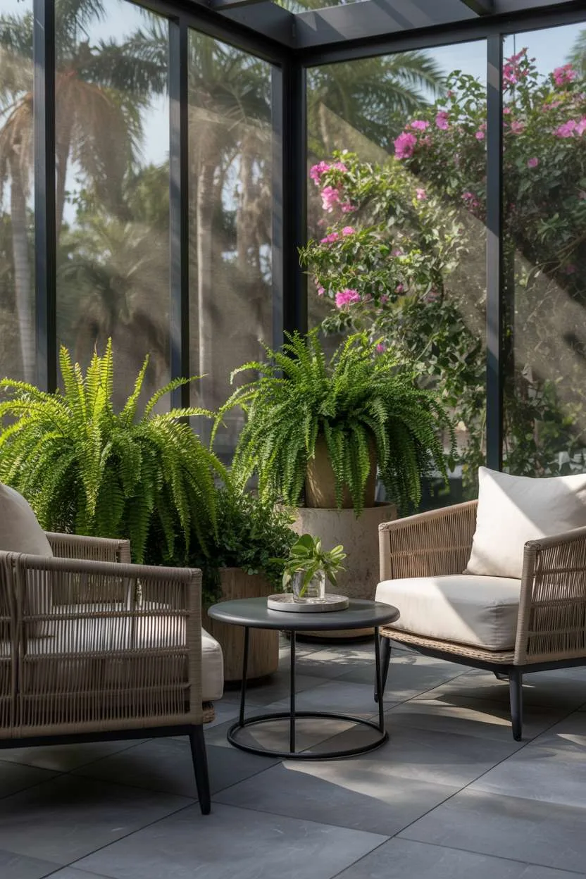 27 Inspiring Enclosed Patio Ideas for Year-Round Use 18 Modern screened patio with dark tiled floor, cream rattan furniture, and flowering bougainvillea