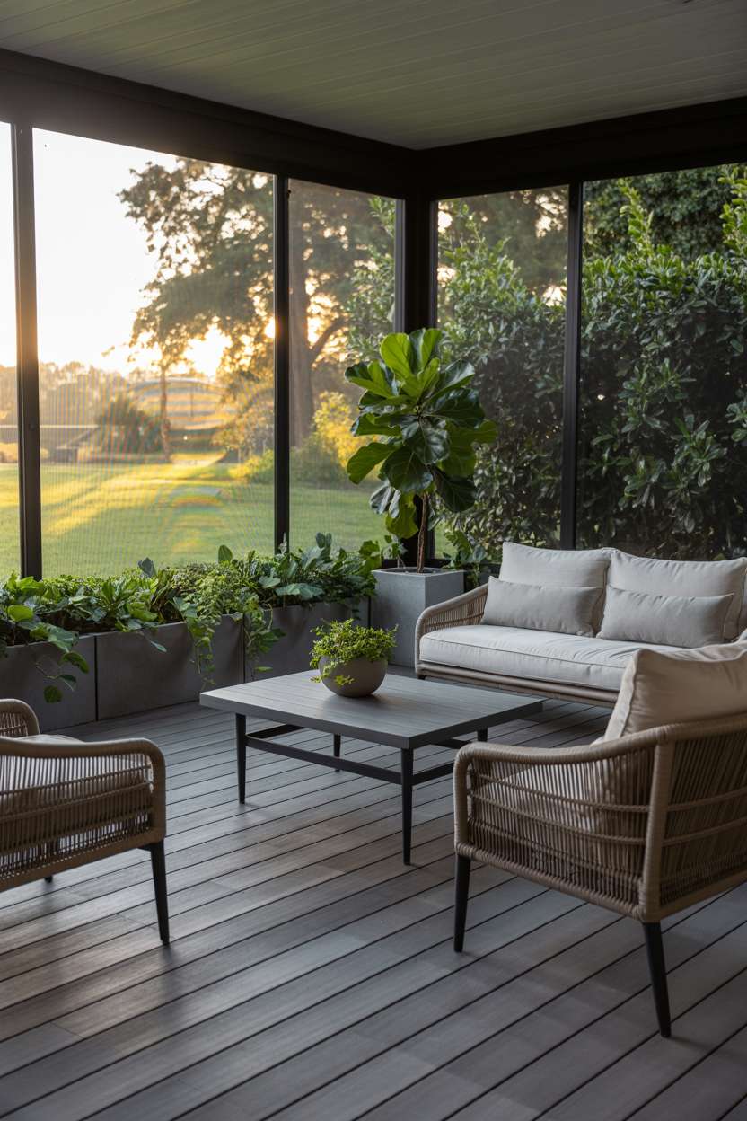 Modern screened patio with gray composite decking, rattan furniture, and fiddle-leaf fig tree