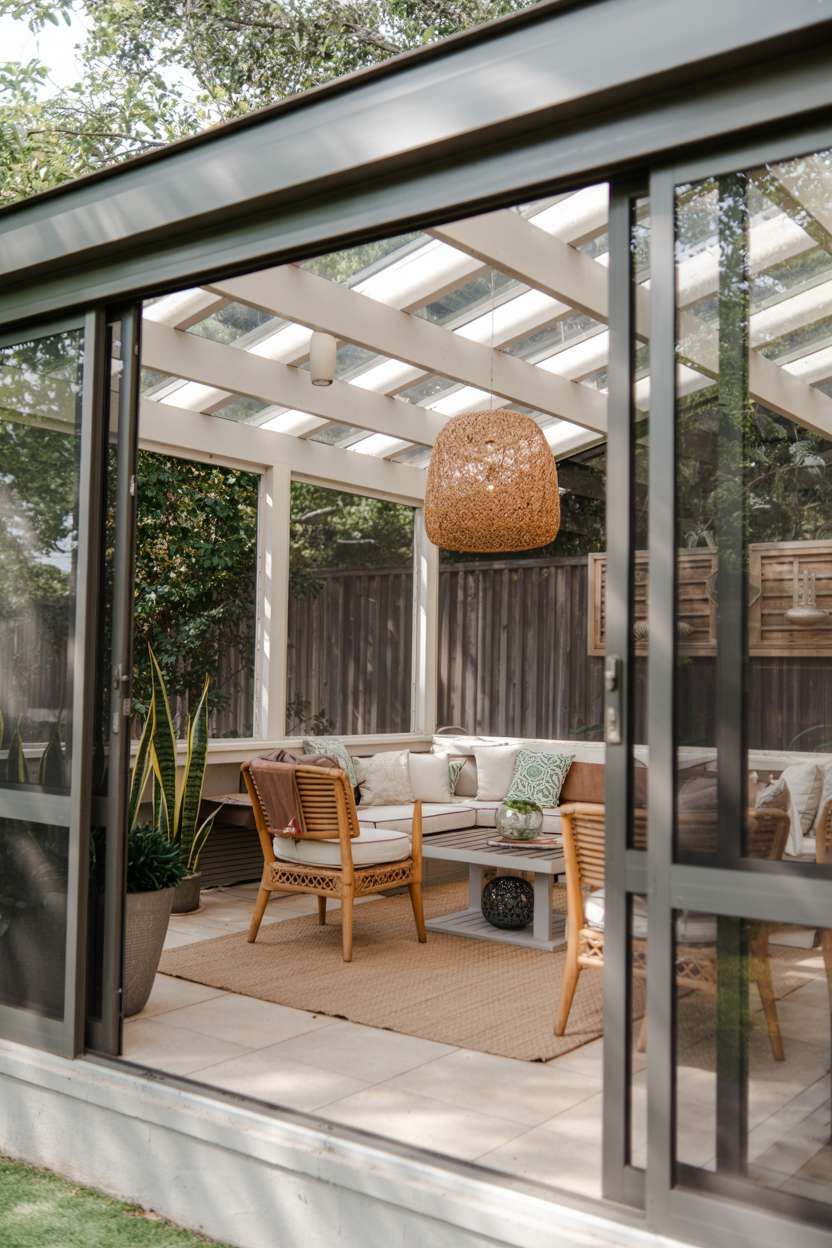 Outdoor patio with white pergola, rattan pendant light, and wooden-framed chairs