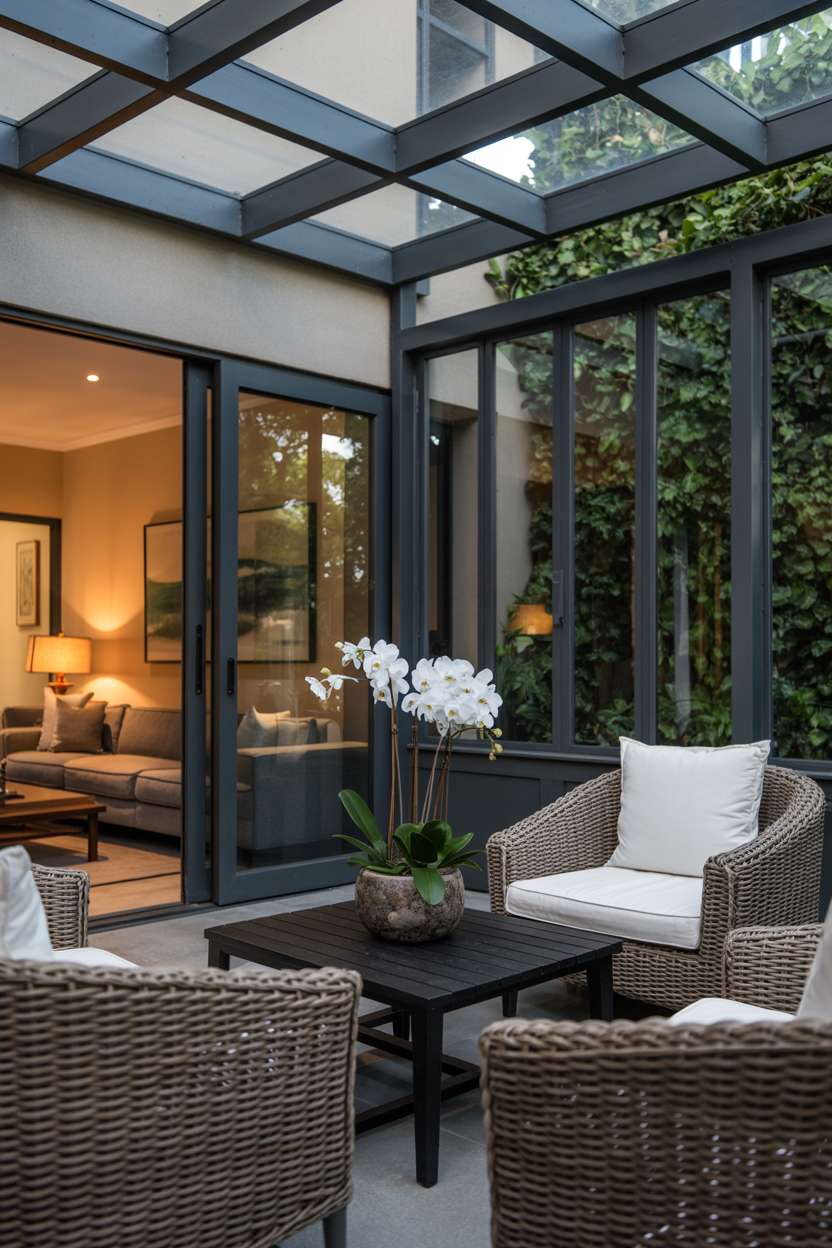 Modern screened patio with wicker furniture, orchid centerpiece, and interior views