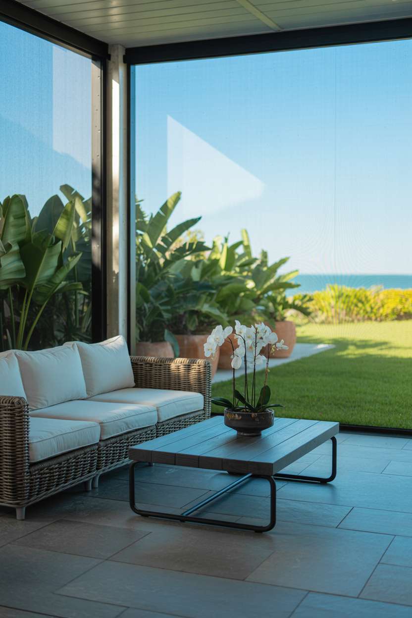 Modern screened patio with light blue cushions, dark wood table, and ocean views
