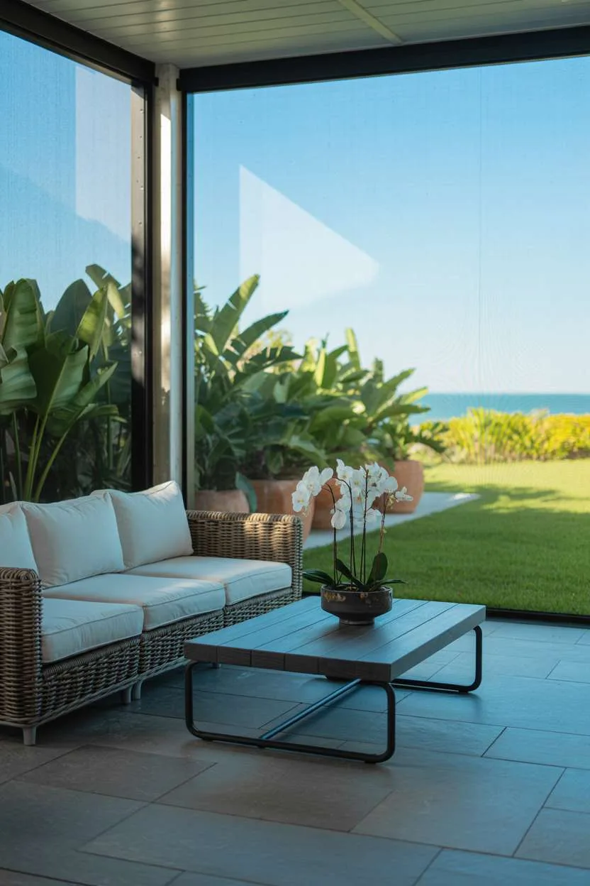 27 Inspiring Enclosed Patio Ideas for Year-Round Use 22 Modern screened patio with light blue cushions, dark wood table, and ocean views
