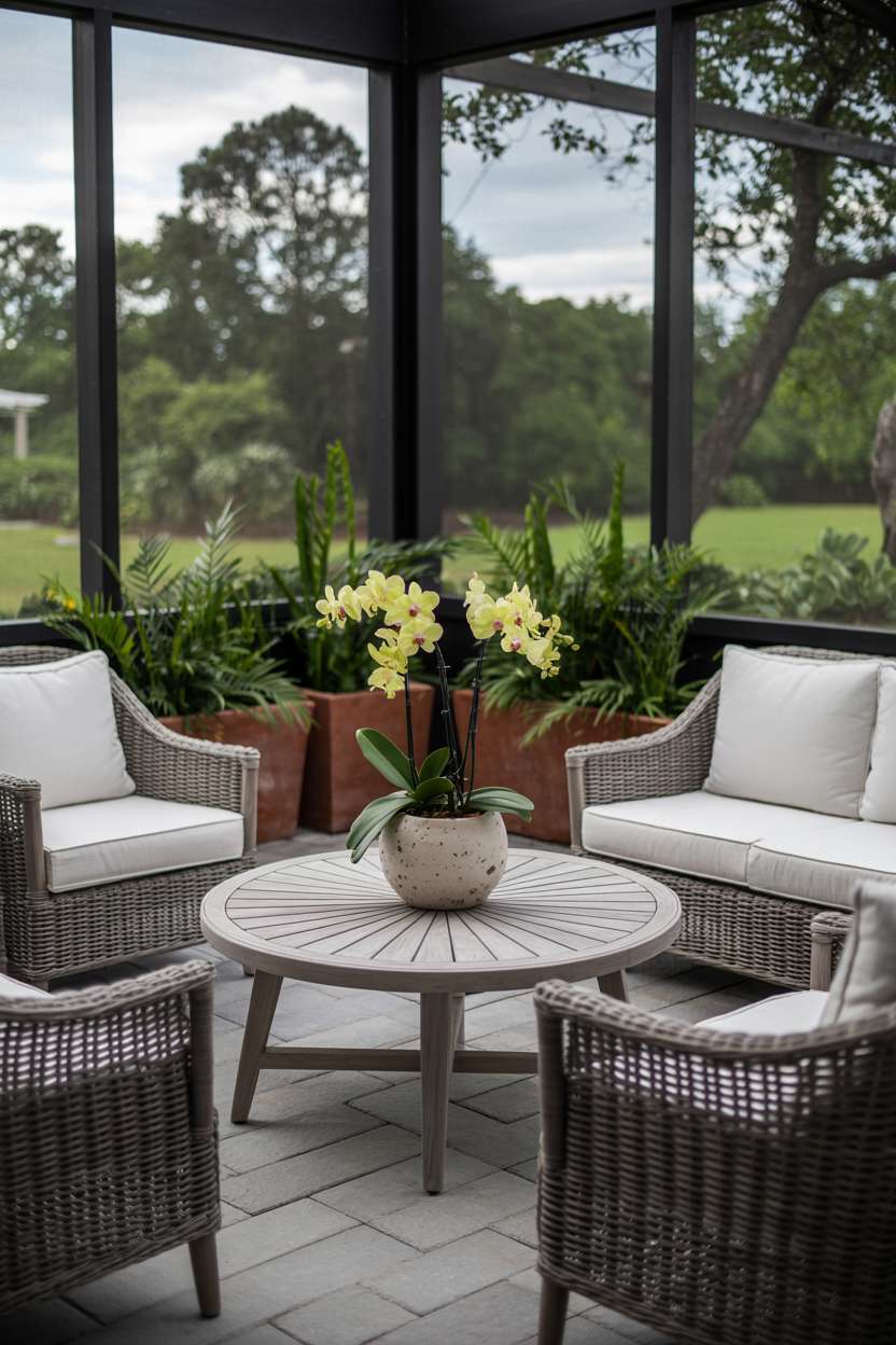 Modern screened patio with dark wicker furniture, teak coffee table, and yellow orchids