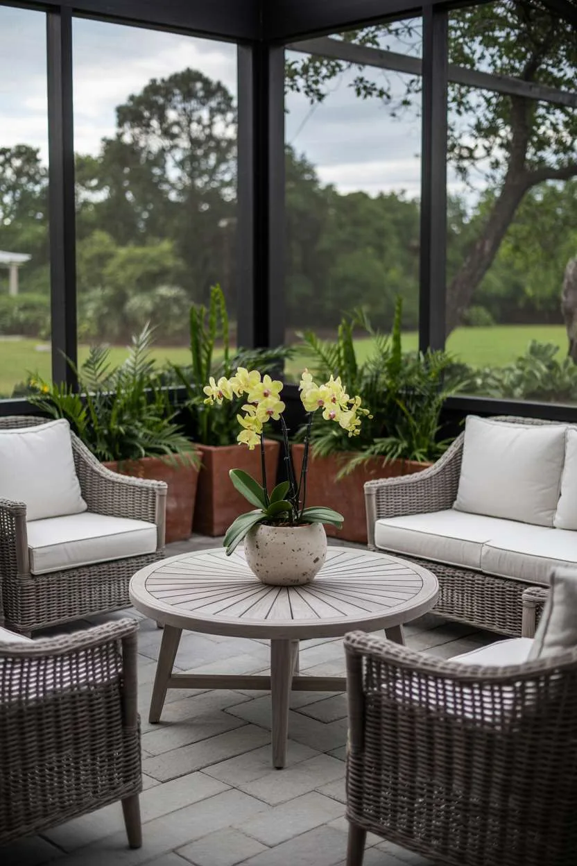 27 Inspiring Enclosed Patio Ideas for Year-Round Use 23 Modern screened patio with dark wicker furniture, teak coffee table, and yellow orchids