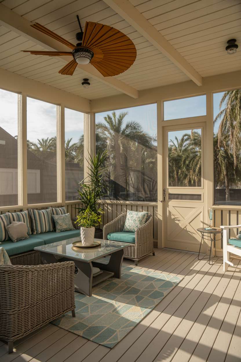 Screened porch with white shiplap, teal striped cushions, and tropical landscaping views
