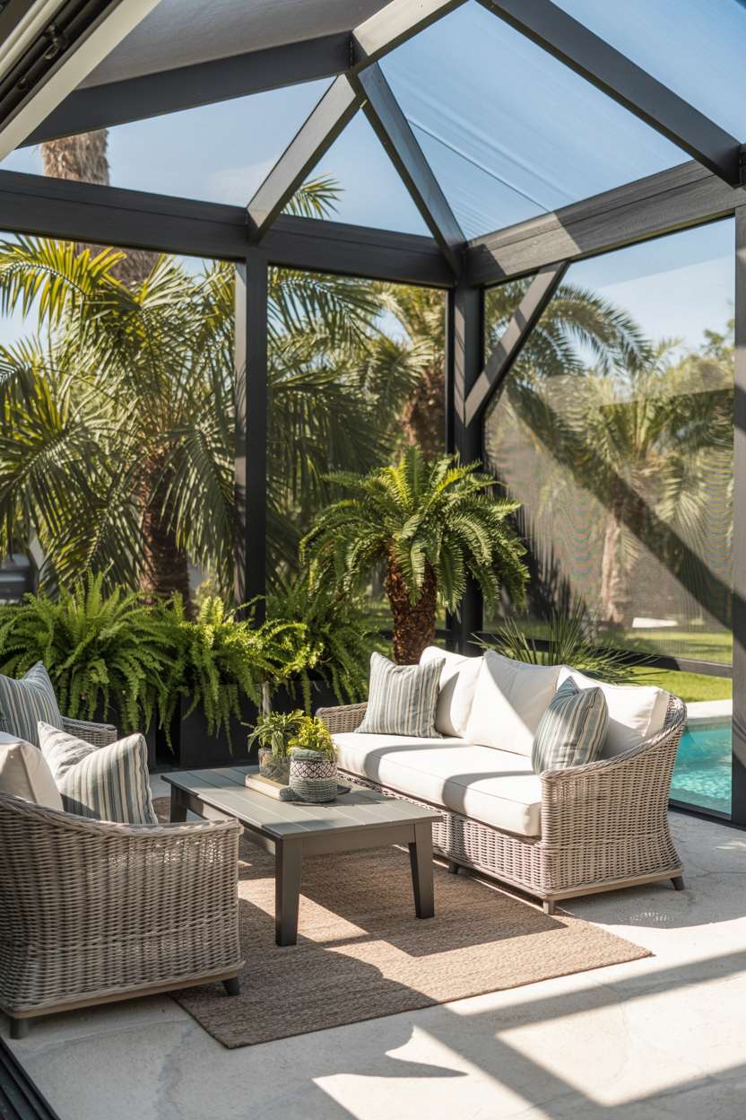 Screened patio with white wicker furniture, dark wood table, and swimming pool views