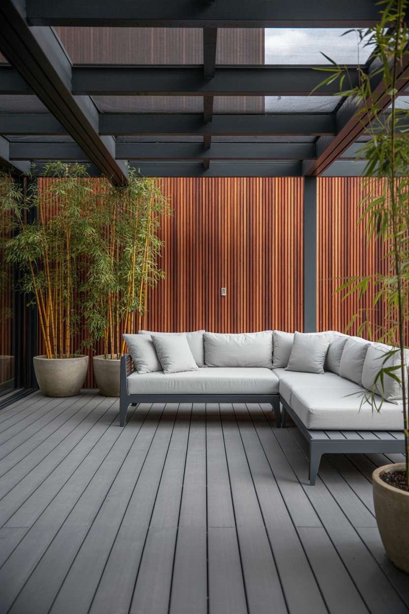 Modern screened patio with bamboo plants, gray sectional sofa, and cedar wood paneling