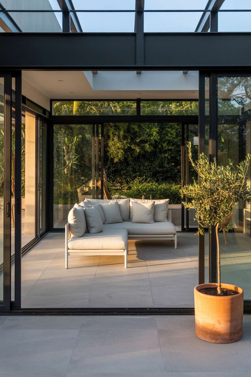 Modern screened patio with white sectional sofa, gray cushions, and olive tree accent