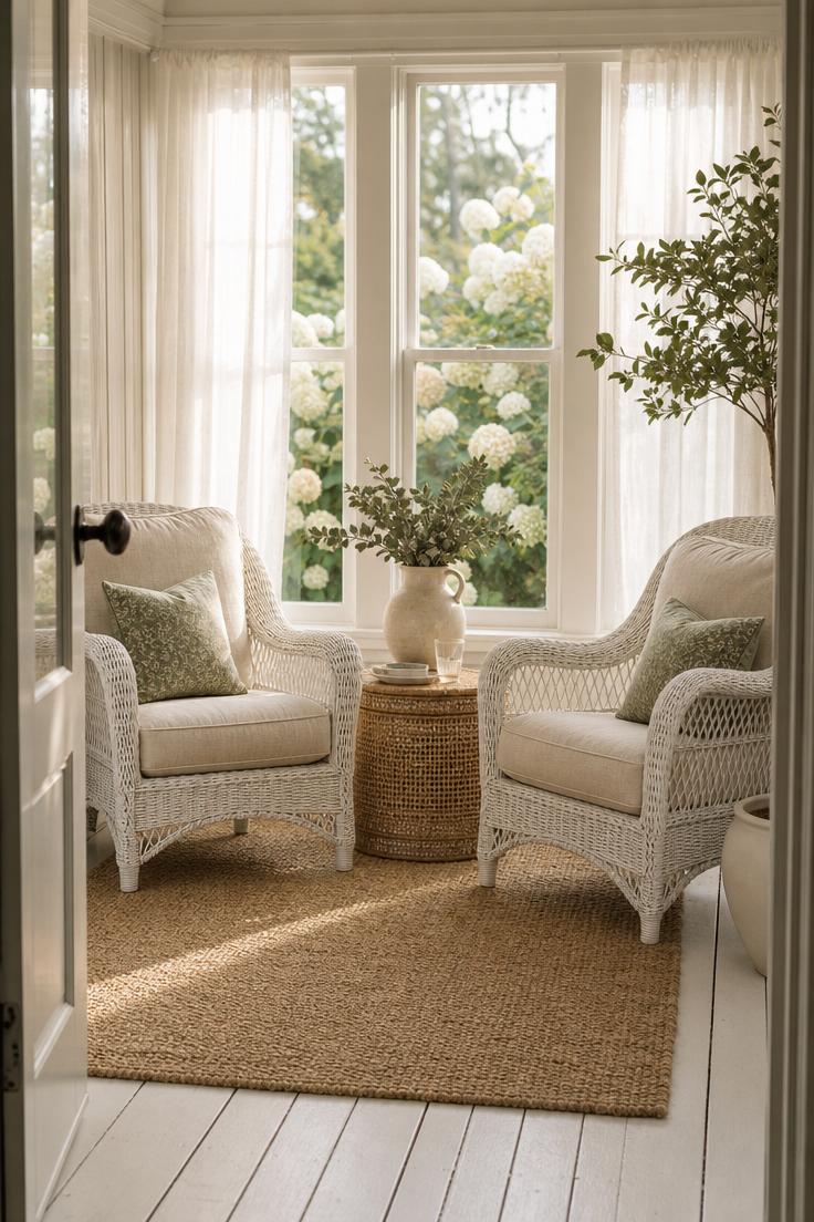 White wicker armchairs with linen cushions on an enclosed porch with sheer curtains and a sisal rug