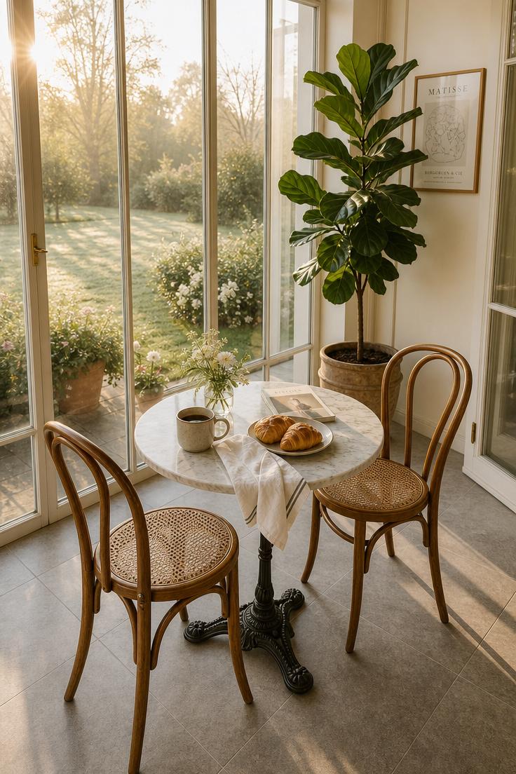 Sunroom breakfast nook with a marble bistro table and bentwood chairs in golden morning light
