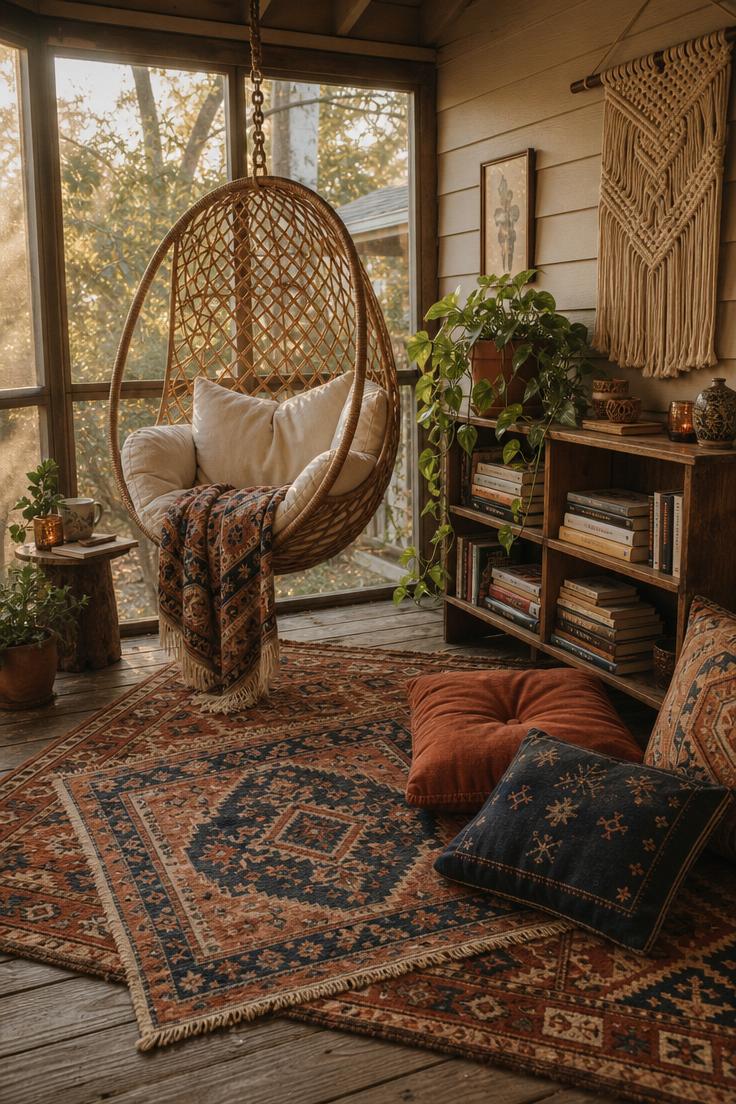 Bohemian reading corner on a screened-in porch with a hanging rattan chair and layered kilim rugs