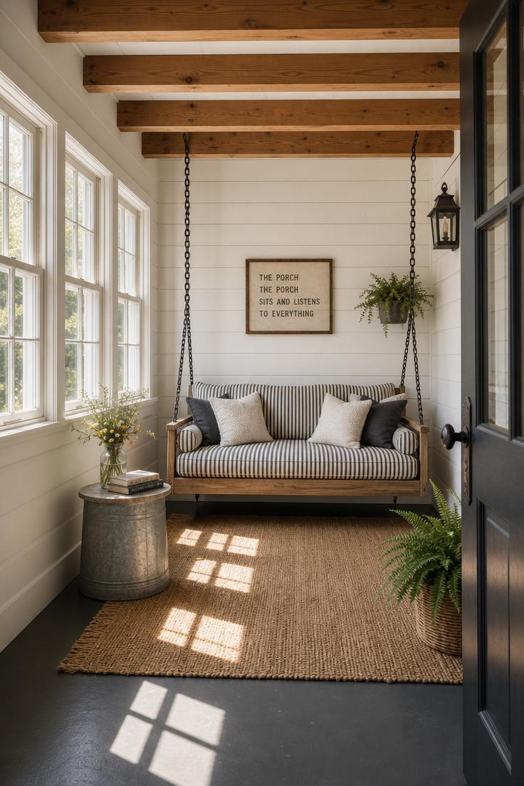 Modern farmhouse enclosed porch with white shiplap wall and a cushioned porch swing on iron chains