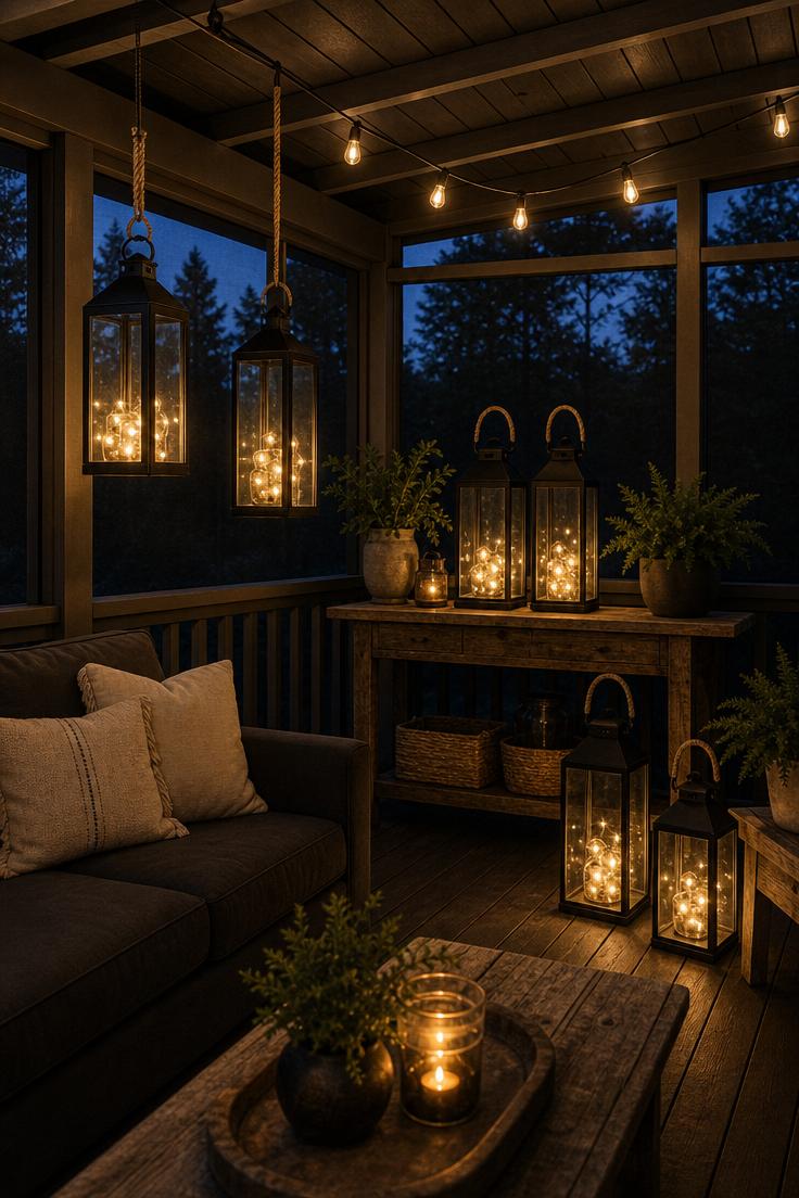 Enclosed porch at dusk with glass lanterns and Edison string lights casting warm amber glow