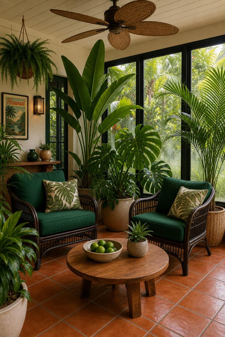 Tropical enclosed patio with rattan chairs and lush potted palms on terracotta tile