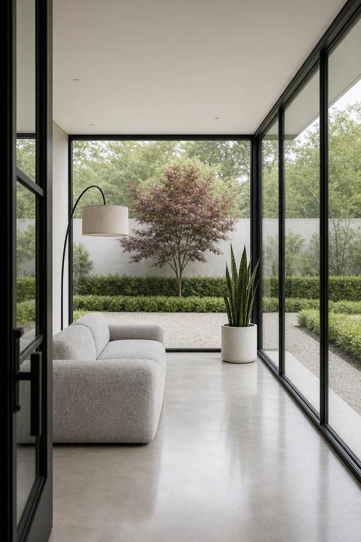 Minimalist glass-enclosed porch with a low gray sofa and sculptural snake plant on concrete flooring