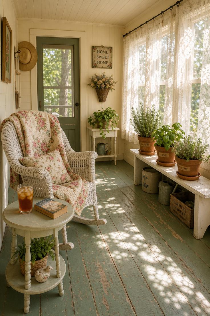Cottage enclosed porch with sage green painted wood floors and a white wicker rocking chair