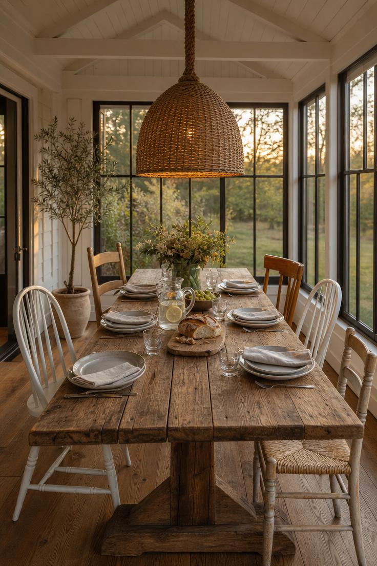 Three-season room dining porch with a farmhouse table and mismatched chairs under a woven pendant light