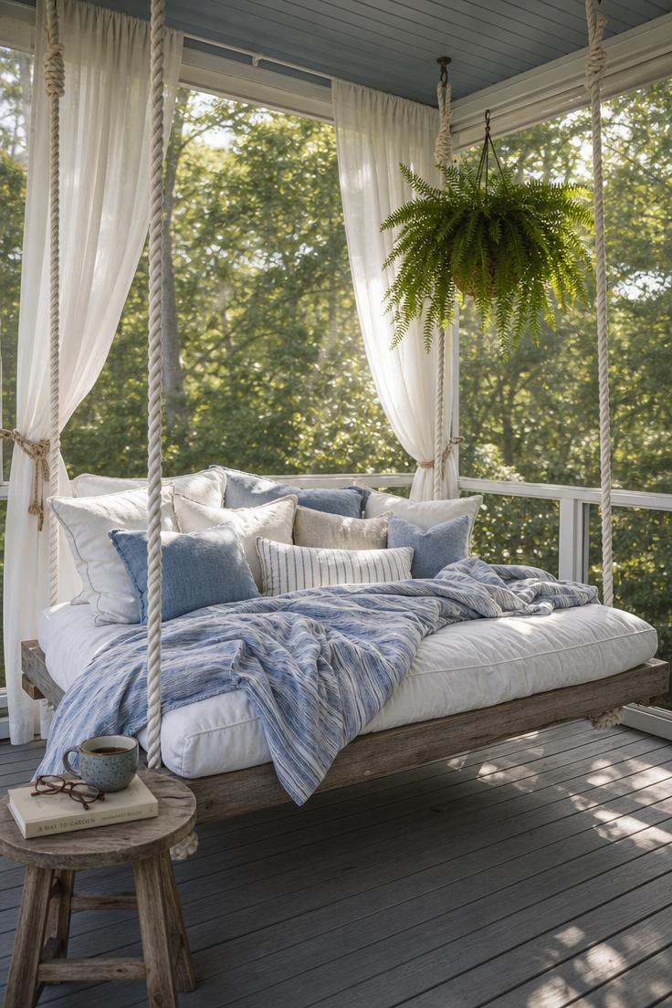 Hanging daybed on a screened-in porch with striped bedding and sheer white curtains
