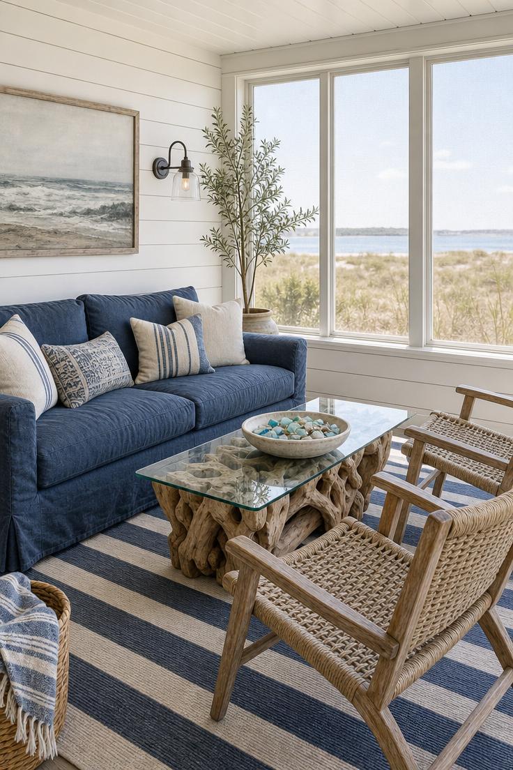 Coastal enclosed porch with an indigo slipcovered sofa and driftwood coffee table near windows