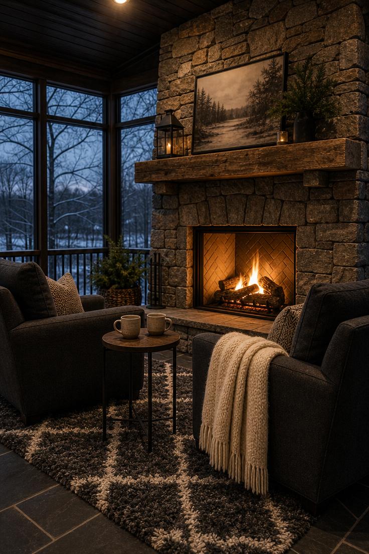 Enclosed porch with a natural stone fireplace and deep club chairs on a dark slate floor