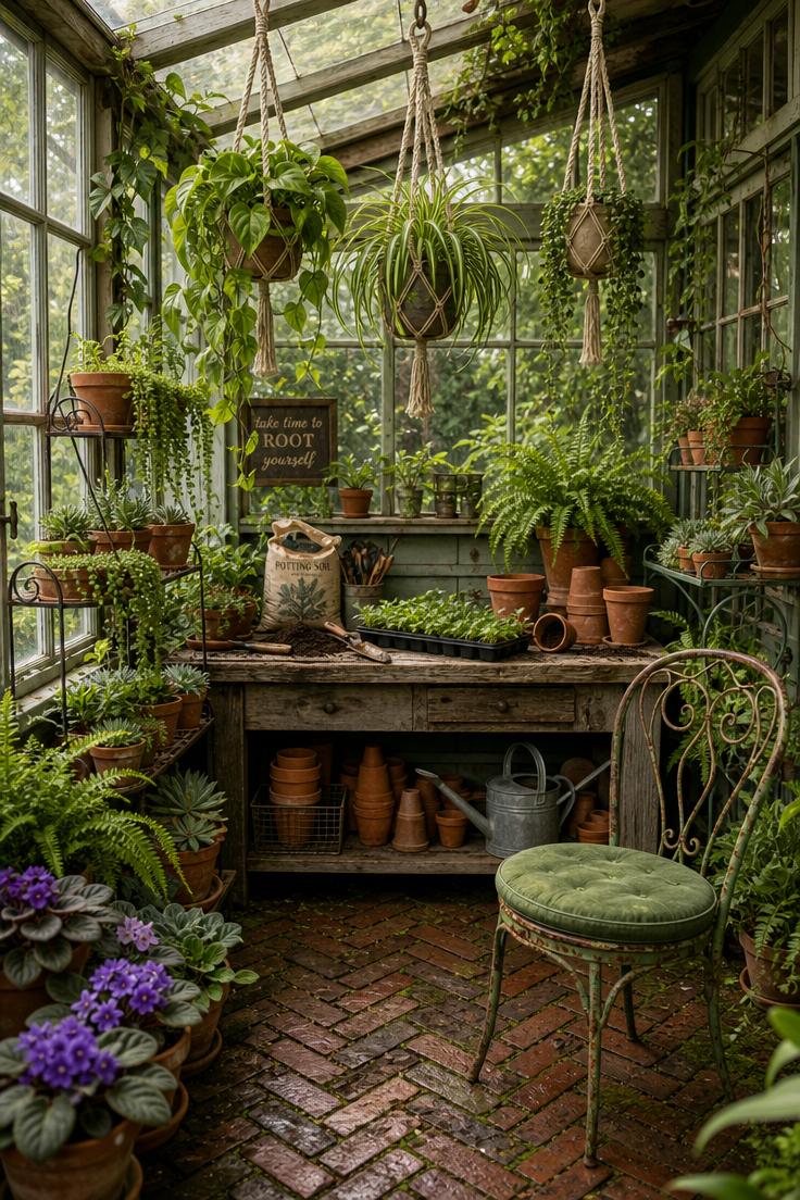 Glass-enclosed porch as a greenhouse with a potting bench and tiered plant stands on herringbone brick