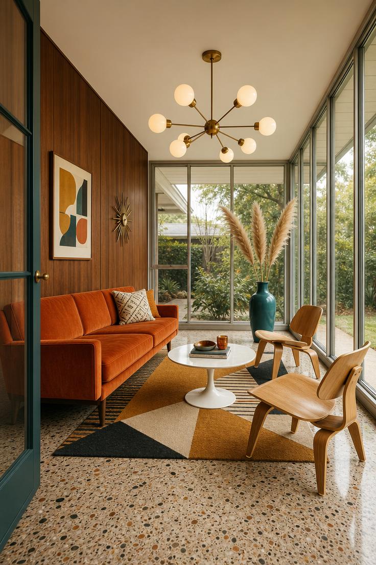 Mid-century modern enclosed porch with a burnt orange sofa and Sputnik chandelier on terrazzo flooring