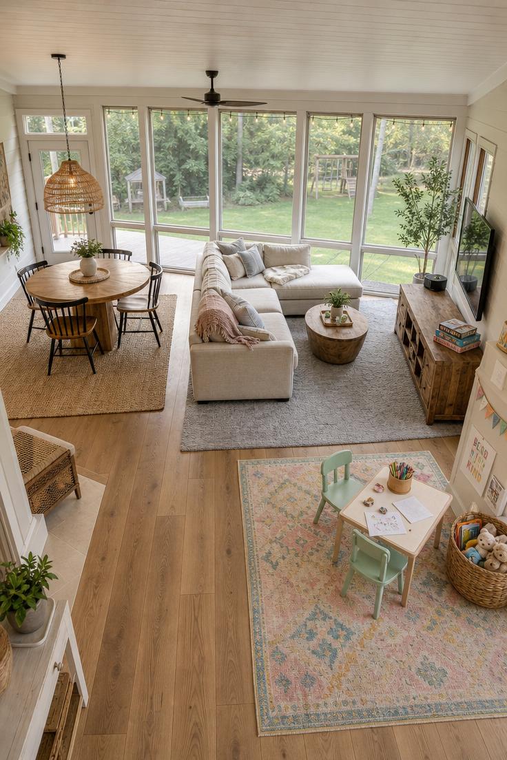 Large enclosed porch divided into dining, lounging, and kids' play zones with separate area rugs