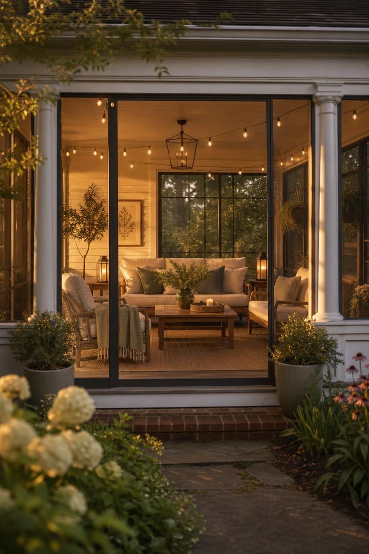 Enclosed porch viewed from the garden at golden hour with string lights and comfortable seating