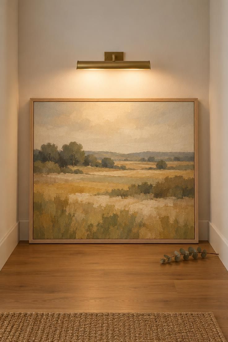 A wide abstract landscape painting in a pale oak frame leans against a warm white hallway end wall beneath a slim brass picture light, with a bare wall, medium oak flooring, and a dried eucalyptus stem.