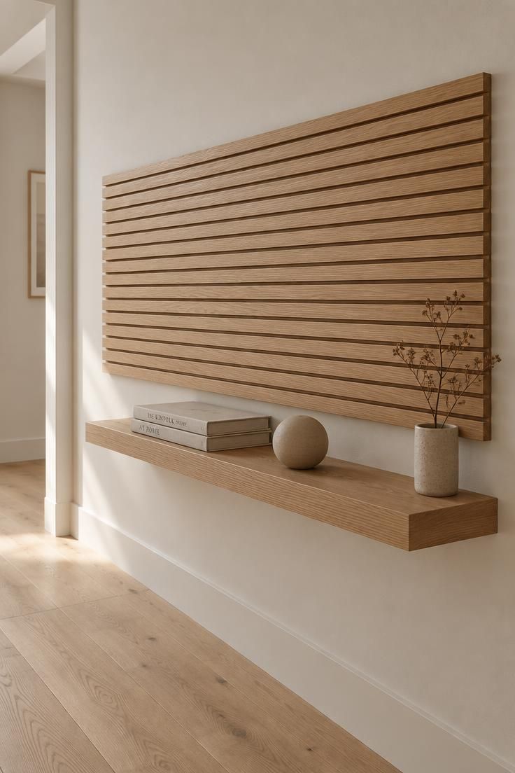 A horizontal slatted oak panel on a hallway end wall above a low floating oak shelf holding linen books and a ceramic sphere, with soft diffused light and pale oak flooring.