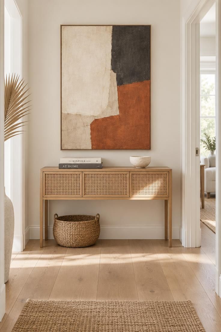 A slim cane-front console table in rattan and pale oak beneath a tall abstract painting at the end of a bright hallway, with stacked art books, a plaster bowl, and daylight from a side doorway.