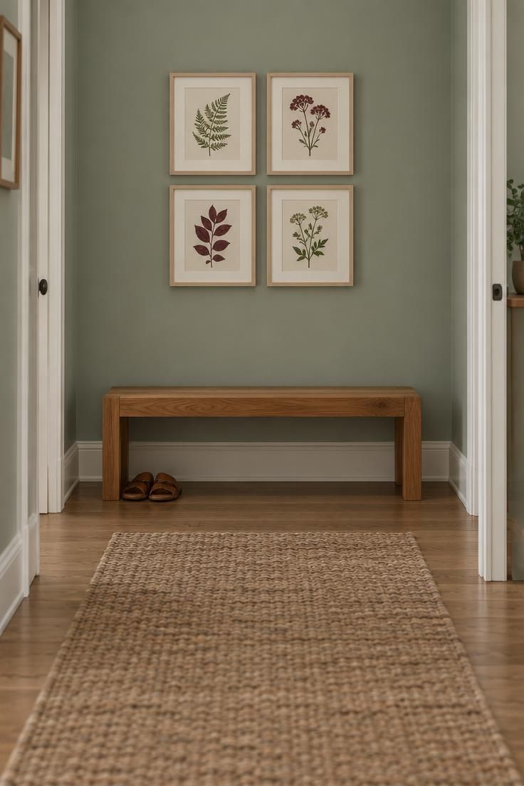 Four framed botanical prints in pale wood frames arranged above a low backless teak bench at the end of a sage green hallway with a jute runner and medium oak flooring.