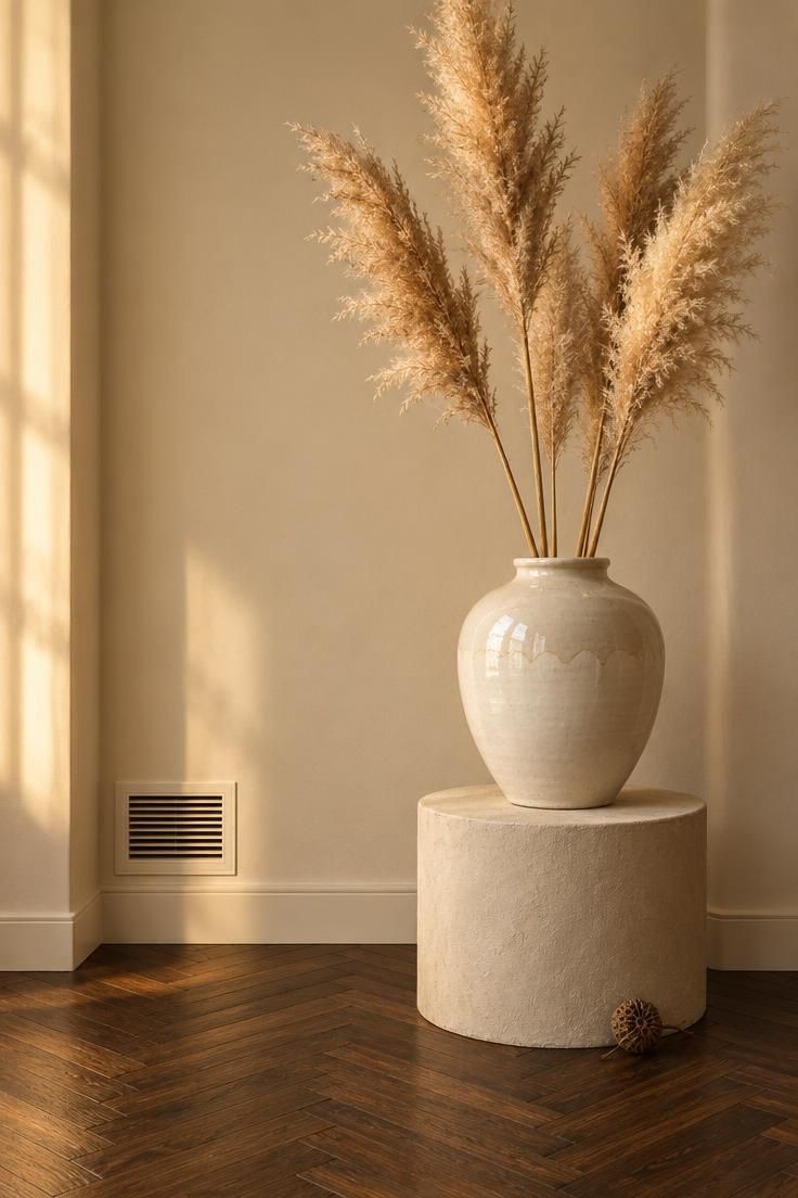 A round plaster pedestal holding a large white ceramic vase with dried pampas grass at the end of a hallway with dark herringbone wood flooring and warm golden light.