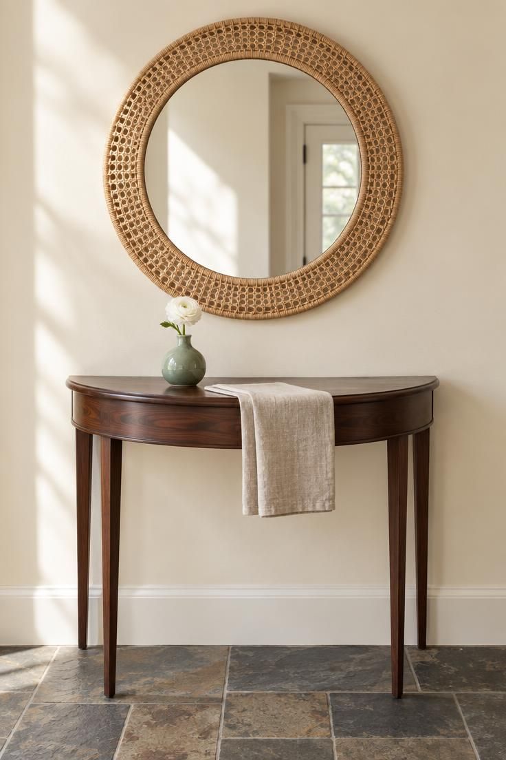 A round rattan-framed mirror above a slim dark walnut demilune table with a sage bud vase at the end of a cream hallway with slate tile flooring.