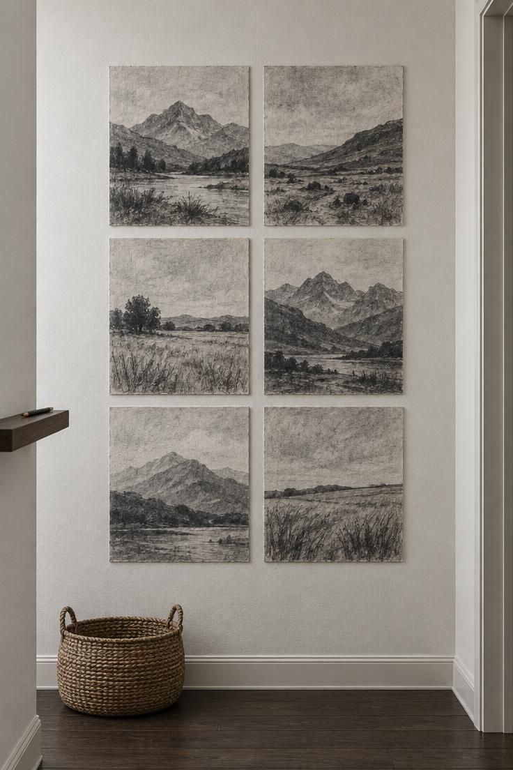 Six unframed charcoal landscape prints in a 2x3 grid on a warm white hallway end wall, with dark wood flooring and cool overcast light.