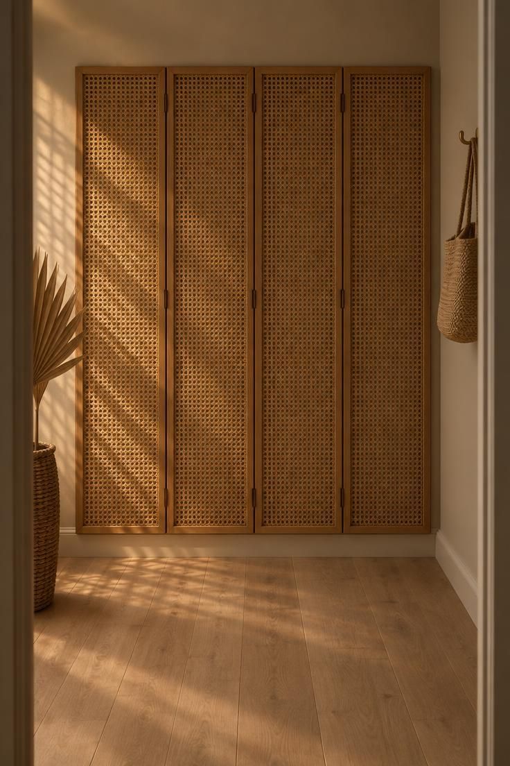 A wall-mounted folding cane room divider spanning the end wall of a hallway with white oak flooring and moody low light casting soft shadows through the rattan.