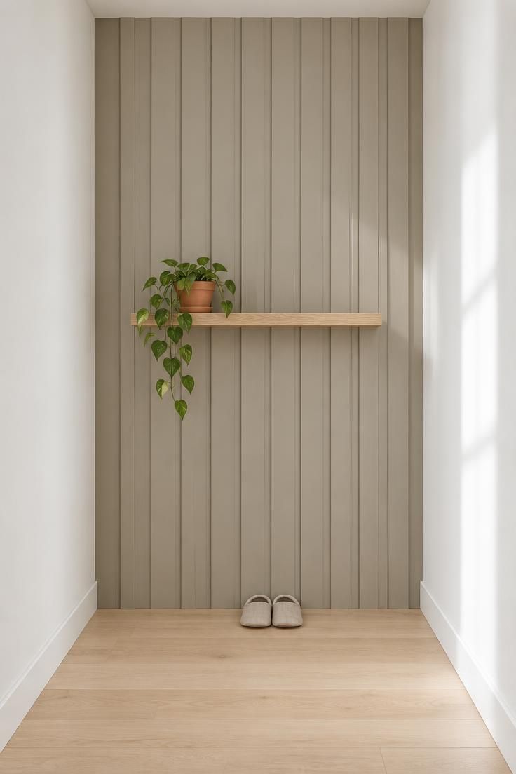 A floor-to-ceiling board and batten end wall in warm greige with a slim oak floating shelf holding a trailing plant in a terracotta pot, bright midday light and light birch flooring.