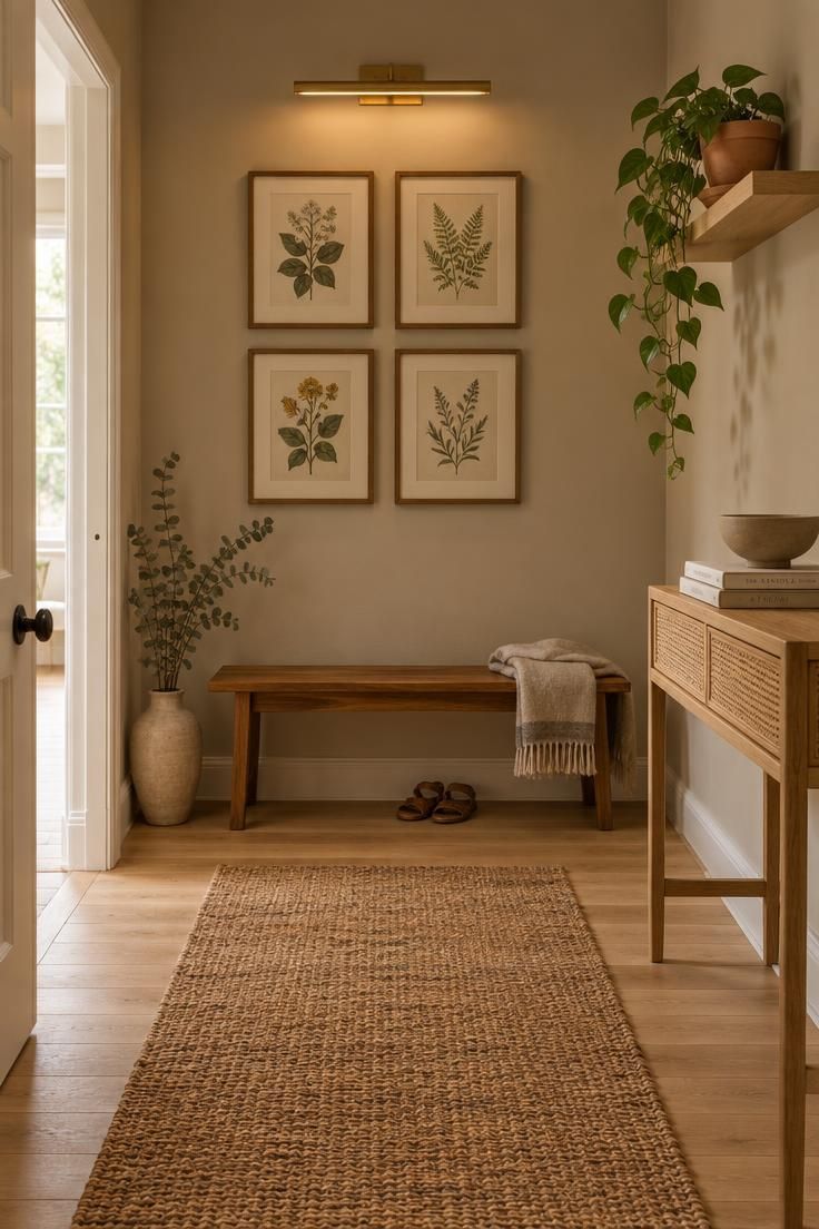 A warm hallway end wall with a teak bench, botanical prints, a slim cane console, a floating oak shelf with a trailing plant, a jute runner, and warm golden light.