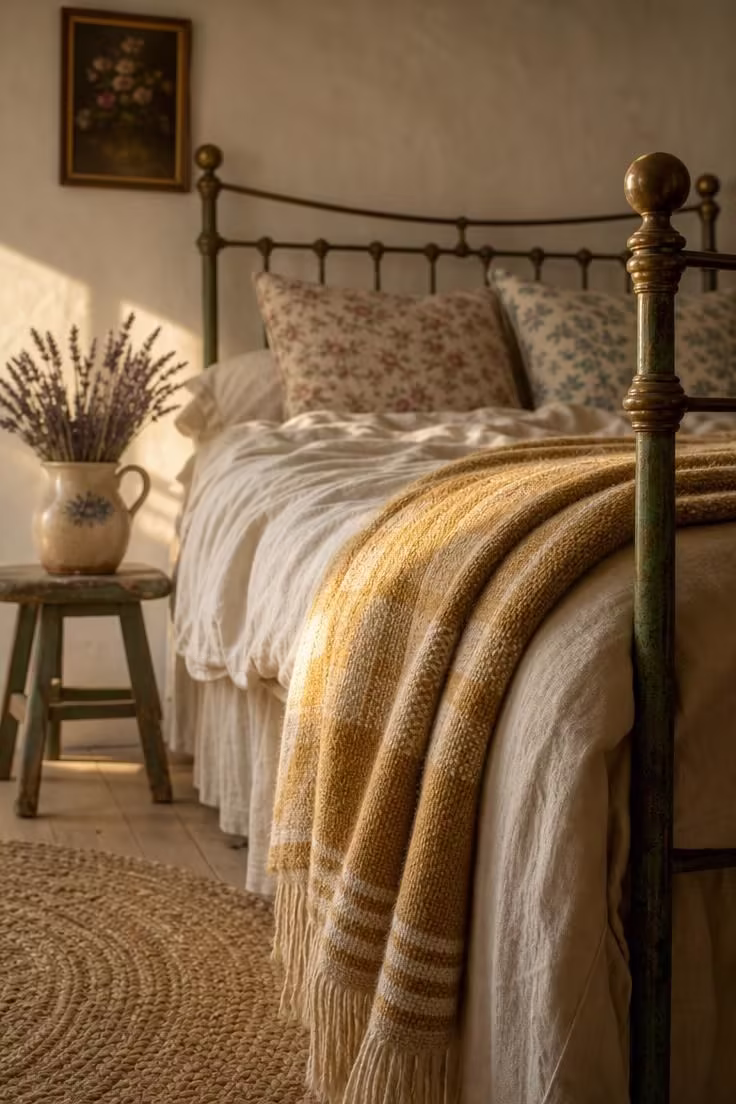 14 Cozy English Cottage Bedroom Ideas Full of Character 1 A cream linen bed with a folded Welsh wool blanket in ochre stripes on an aged brass bed frame in a sunlit english cottage bedroom.