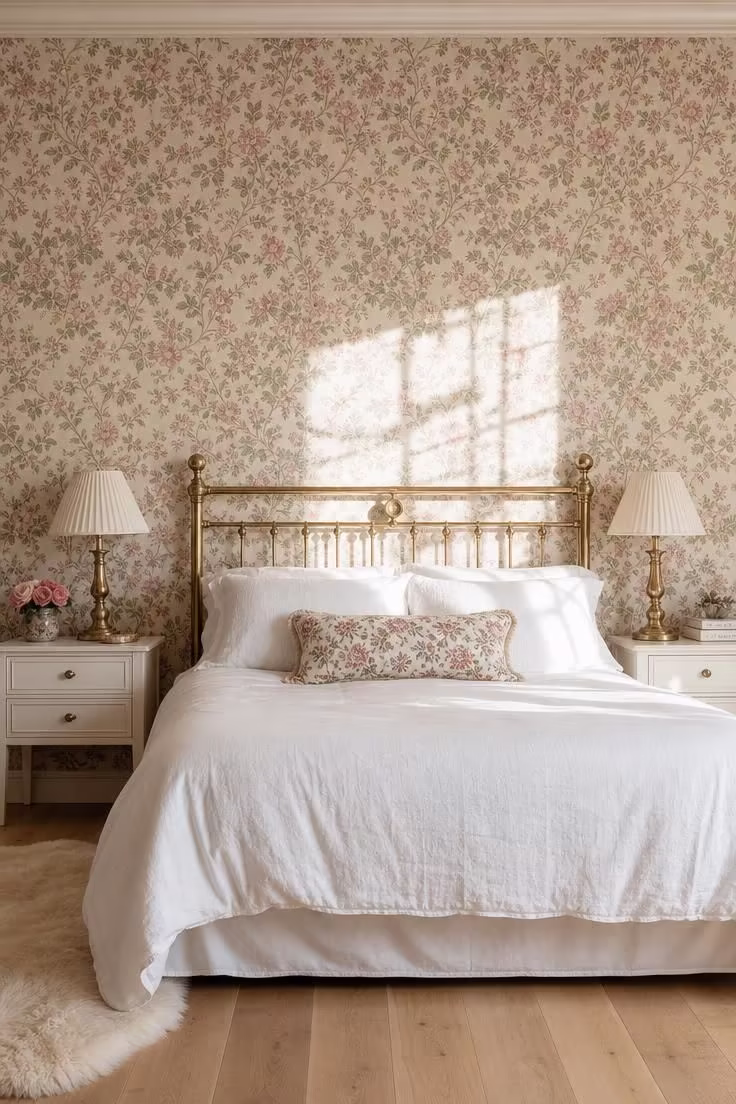 14 Cozy English Cottage Bedroom Ideas Full of Character 3 A faded Liberty floral wallpaper in dusty rose and sage behind a polished brass headboard with white linen bedding in a bright english cottage bedroom.