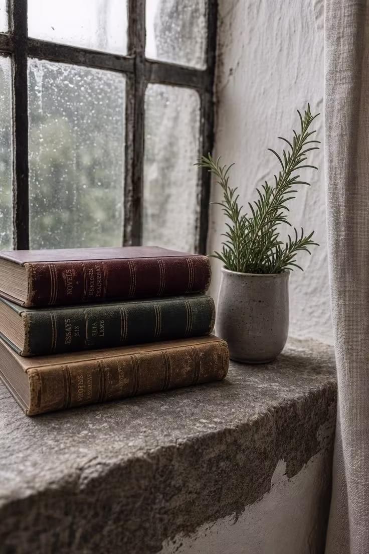 14 Cozy English Cottage Bedroom Ideas Full of Character 4 A deep stone window sill with stacked leather-bound books, a ceramic cup with rosemary, and leaded glass in a cottage bedroom.